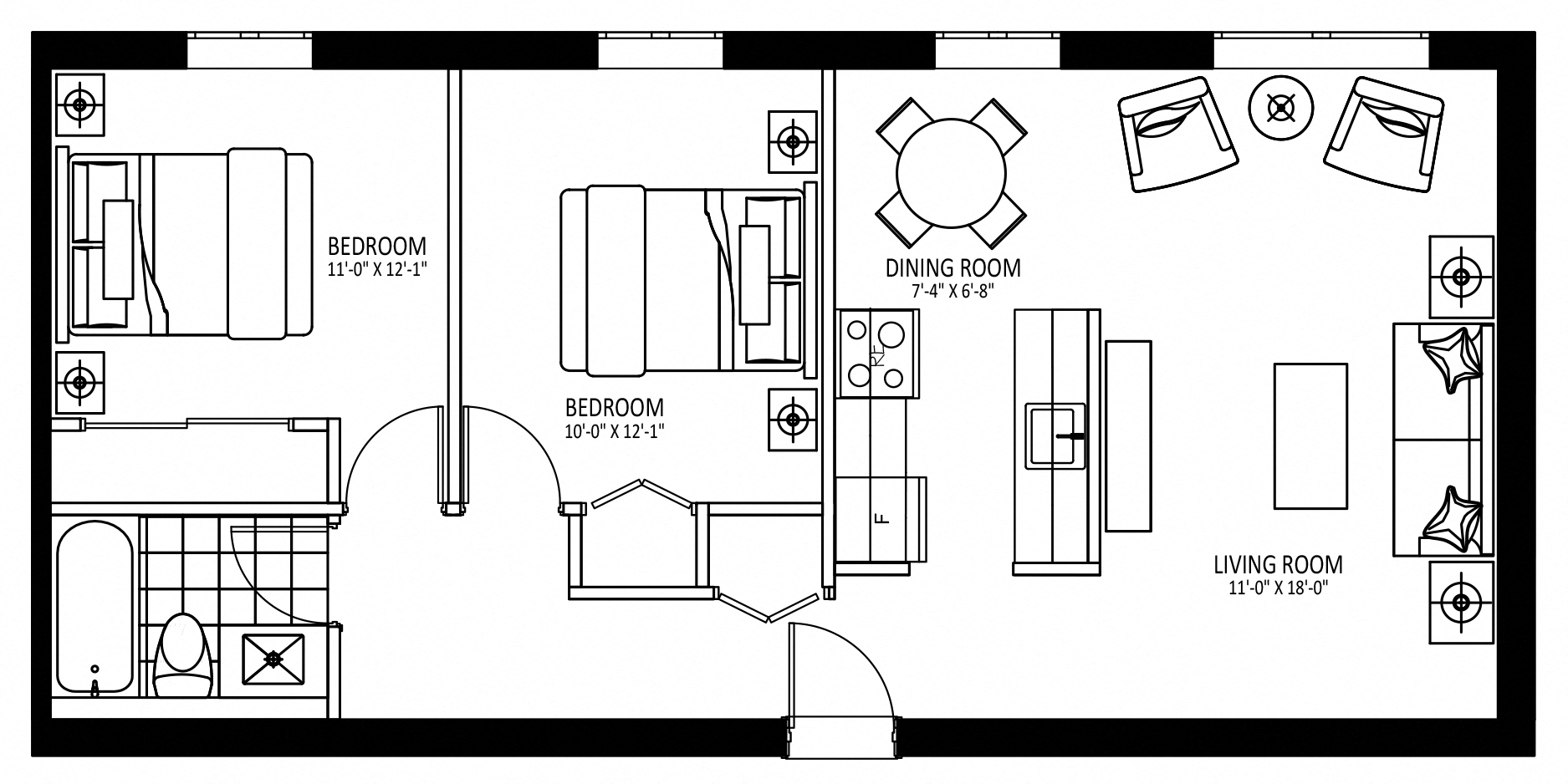 Floor plan for 2 beds, 1 bath, 810 sqft